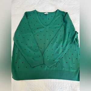 J.  Jill cotton pullover sweater . Green with navy polka dots. Size XL